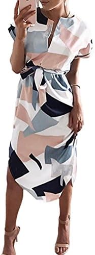 BOSSAND Womens V Neck Floral Printed Casual Slim Geometric Pattern Elasticated Waist Midi Dress S-3XL (X-Large, White)