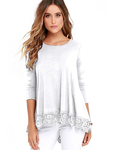 Bosbary Women's Tops Long Sleeve Lace Trim O-Neck A-Line Tunic Blouses for Leggings A-White XL