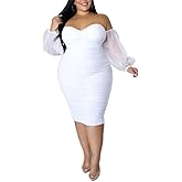Women's Plus Size Off The Shoulder Mesh Long Sleeve Bodycon Ruched Midi Party Cocktail Dress