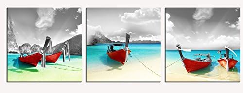 Meigan Art Canvas Print Wall Art, 3 Panels Seascape Painting Red Boat Blue Ocean Picture Giclee Print for Home Decoration Stretched and Framed Ready to Hang