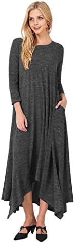 Tabeez Women's Casual Loose Asymmetrical Handkerchief-Hem Long Sleeve Heathered Knit Maxi Sweater Dressโฆ