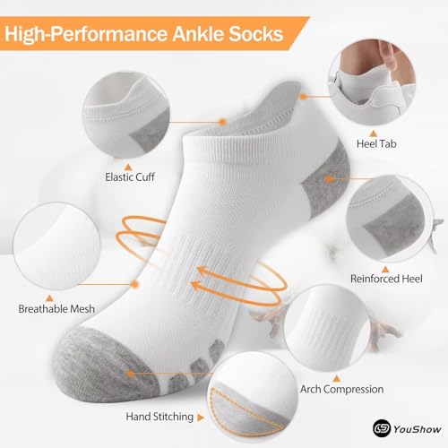 YouShow Cotton Trainer Socks 10 Pairs, Ankle Sports Socks for Men & Women Anti-Blister
