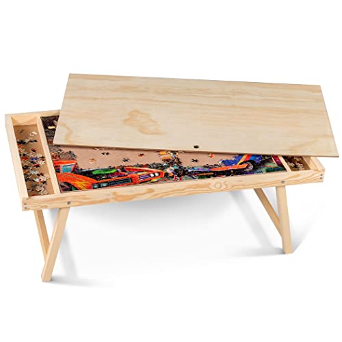 Lavievert Jigsaw Puzzle Table Puzzle Board with Wooden Protective Cover, Large Portable Puzzle Plateau with Folding Legs, 2 Storage Slots & Non-Slip Surface for Puzzles Up to 1,000 Pieces