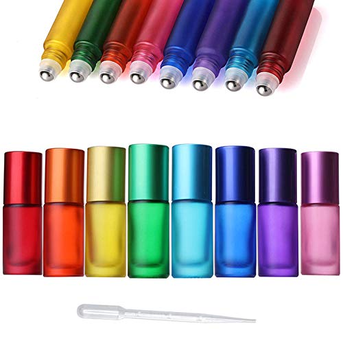 Photo 1 of ConStore 8pcs 5ml Colorful Frosted Roll on Bottles Glass Roller Ball for Essential Oils Refillable Massage Roller Bottles with Stainless Steel Ball Empty Containers for Aromatherapy+1pcs Dropper