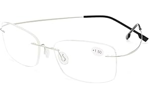 Foranyo Oversized Square Blue Light Reading Glasses, Ultra-Light Rimless Memory Titanium Frame, HD Anti-Blue Light Lens(Silve