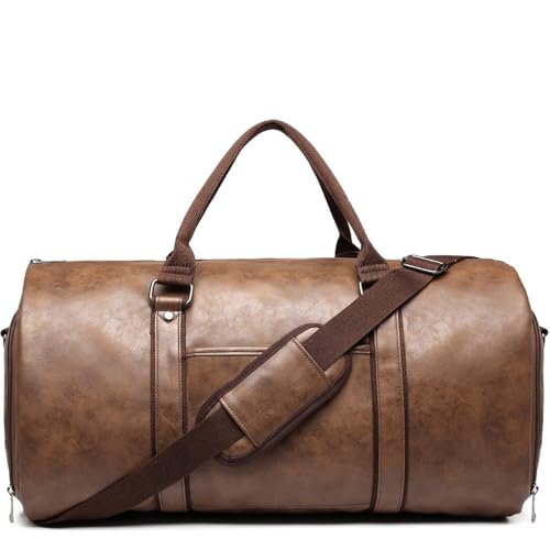 Leather Garment Duffle Bag, 50L Waterproof Travel Bag with Suit Compartment, Shoe Storage, available Black or Brown (Brown)