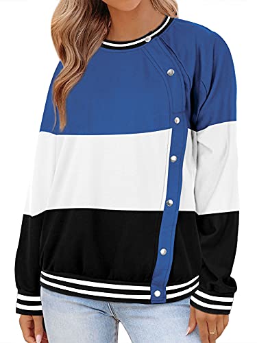 MYMORE Color Block Sweatshirts For Women Long Sleeve Crewneck Button Down Pullover Tops