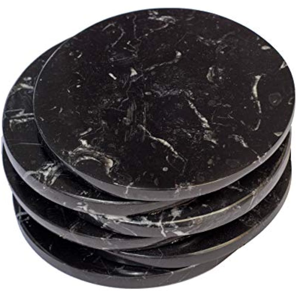 Set Coasters Of 6 Black Marble Stone Polished 3.5 Inches (9 Cm) In