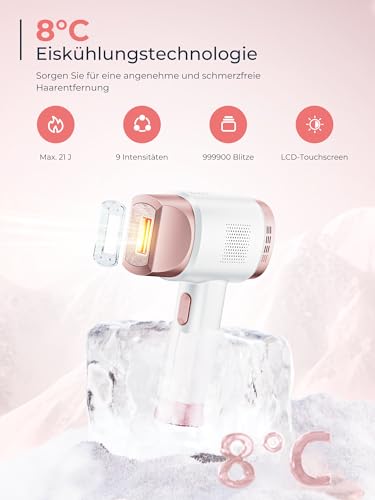 21J IPL Devices Hair Removal with 8°C Ice Cooling System, Laser Hair Removal 9 Levels & 600 NM Red Light, LCD Touch Screen IPL Hair Removal Device for Women Men, Face Arm Bikini Zone Body, Rose