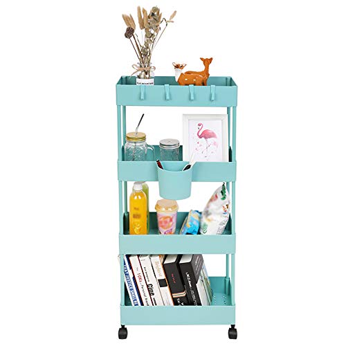 BOMKEE 4 Tier Slim Storage Cart Storage Trolley Slide Out Rolling Utility Cart Mobile Shelving Unit Trolley Organizer Cart Storage Rack on wheels for Kitchen Bathroom Laundry Office (Teal01)