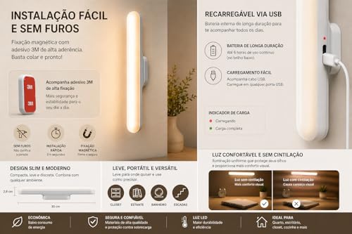 Luminária de LED Magnética Barra Spot Lâmpada Recarregável Sem Fio USB - Ilumina Qualquer ambiente Quarto Cozinha Sala Banheiro - Ajustável em 3 cores Branco quente, Neutro e Frio