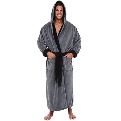 Men's Winter Lengthened Plush Shawl Bathrobe Home Clothes Long Sleeved Robe Coat 2019 Durable (Gray, XL) - Thumbnail 3