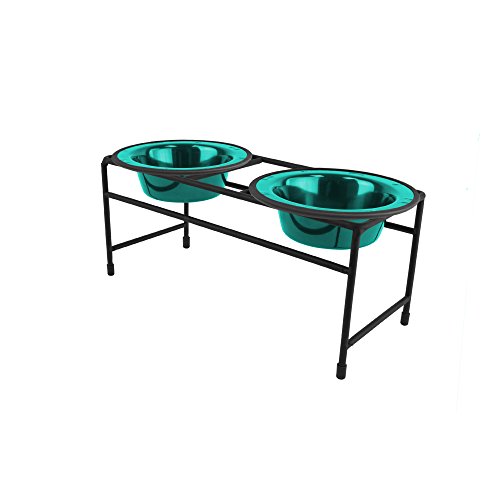 Platinum Pets Double Diner Feeder with Stainless Steel Cat Bowls, 6 oz, Teal
