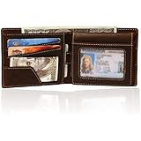 Men Slim Front Pocket Leather Wallet RFID Blocking Minimalist Thin Card Holder with Thumb Hole ID Window (Coffee)