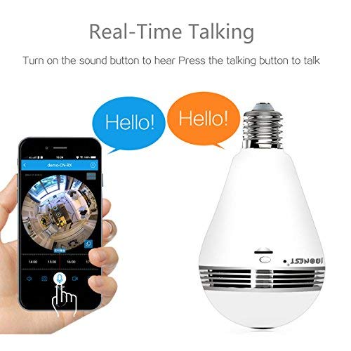 WiFi Bulb Camera VR Panoramic Security Camera with 360 Degree Fisheye Home Led Lights IP Camera Hidden Camera Home Security System for Android iOS APP White