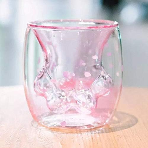 Duk3ichton Cat Claw Mug [2019 Newest], Double Wall Cat Paw Transparent Coffee Mug, Cat Foot Cup Sakura Flower Petal, Coffee Mug Milk Tea Drink Cup Transparent