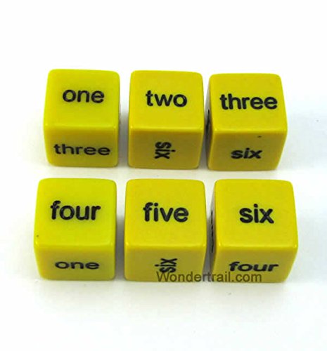 WKP12944E6 Yellow Word Numbers Dice D6 16mm (5/8in) Set of 6 Dice Koplow Games