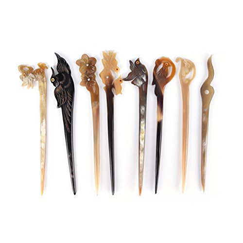 Ioffersuper 8 Pcs Different Pattern Classic Hand Polished Horn Original/Retro Stick Hair Pin For Women Lady,Pattern Random