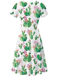 uideazone Vestido de dama de manga corta con cuello redondo, casual, para playa, acampanado, línea A