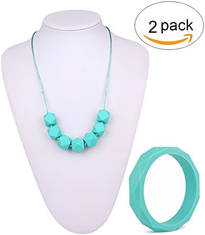 Baby Teething Necklace for Mom to Wear and Bracelet/Bangle are Smart Baby Shower Gifts - Teether Beads Provide Soothing Pain Relief BPA Free 2 Pack