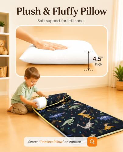 Primlect Toddler Nap Mat with Pillow, Thickened Extra Large Sleeping Bag | 55''x35'' Sleeping Mat with Blanket, Washable, Roll up, Perfect for Daycare, Preschool, Kindergarten, Boys and Girls