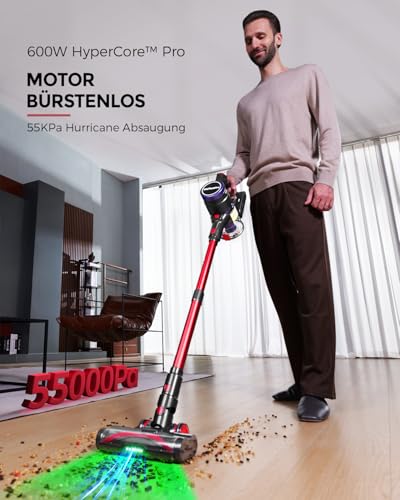 VACTechPro 55 KPa/600 W Cordless Vacuum Cleaner, 70 min Runtime, Battery Vacuum Cleaner with 1.6 Litre Dust Container, 8-Layer Filtering, Super Quiet, Anti-Tangle Floor Brush for Hard Floors, Purple