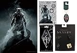 Retail Sales Solutions Elder Scrolls Skyrim Poster Print on MDF, Key Chain, 4 Piece Pin Set and Gaming Decals 5 Piece Gift Bundle