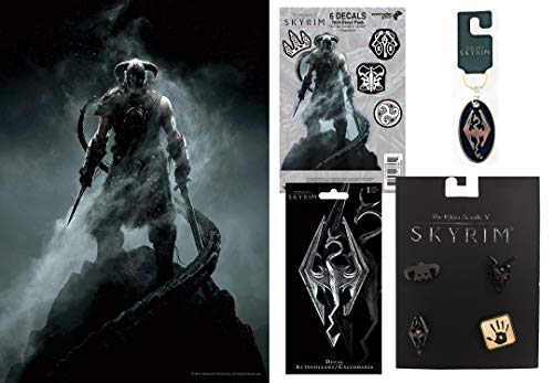 Retail Sales Solutions Elder Scrolls Skyrim Poster Print on MDF, Key Chain, 4 Piece Pin Set and Gaming Decals 5 Piece Gift Bundle Retail Sales Solutions Elder Scrolls Skyrim Poster Print on MDF, Key Chain, 4 Piece Pin Set and Gaming Decals 5 Piece Gift Bundle