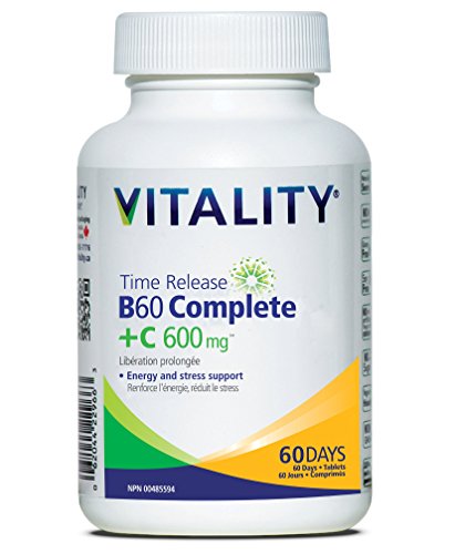 VITALITY Time Release B60 Complete + C 600 mg 60 Tablets (60 Days) | One-A-Day B-Complex with Vitamin C | Boosts Energy, Immunity and Mood | Natural Supplement to Support Healthy Hair, Skin and Nails | Biotin, Niacin, B12, Choline, Collagen| Vegan, Gluten Free, Non Gmo