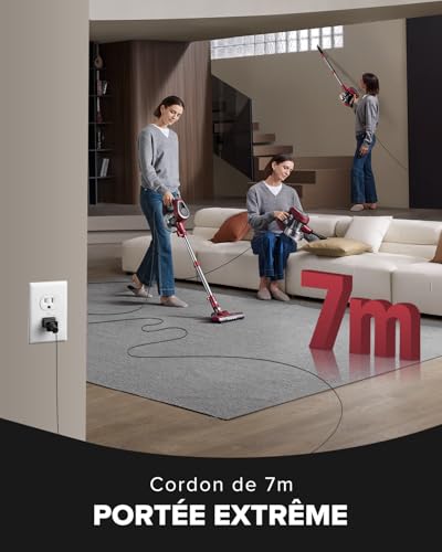 C8 Aspirateur Balai avec Fil, 600W/60Kpa Aspirateur Balai Puissant avec Recharge Murale, Cable de 7 m, Brosse Anti-Emmêlement,1,5L Aspirateur Balai pour Tapis,Sols Durs,Poils d'animau