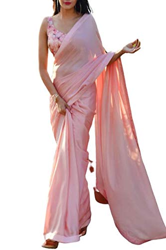 Women's original japan Satin Silk Shiny Glamorous Draped BABY PINK Saree with Printed Blouse
