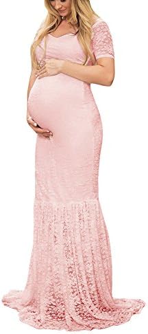 Tanhangguan Maternity Gown Split Front Off Shoulder Maxi Photography Long Lace Dress for Photo Shoot