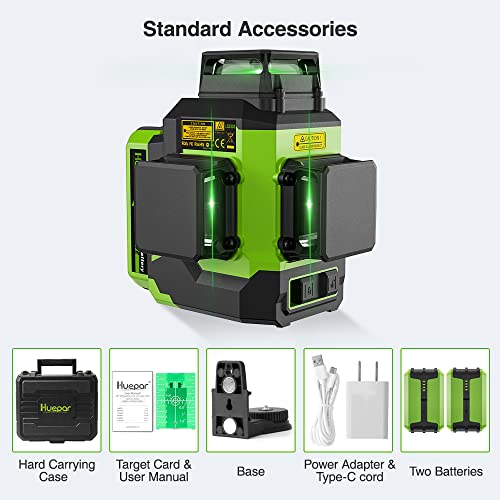 Laser Level 360 Self-Levelling, Huepar 3x360 Laser Level 12 Lines Green 3D Cross Lines Outdoor Rechargeable ACEV Pulse Mode, 2 Li-ion Batteries, Magnetic Stand, Rigid Transport