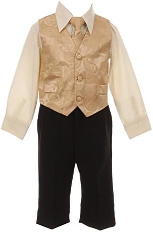 Shanil Baby Boys Gold Paisley Pattern Neck Tie Vest Shirt Pant 4 Pc Suit 18M