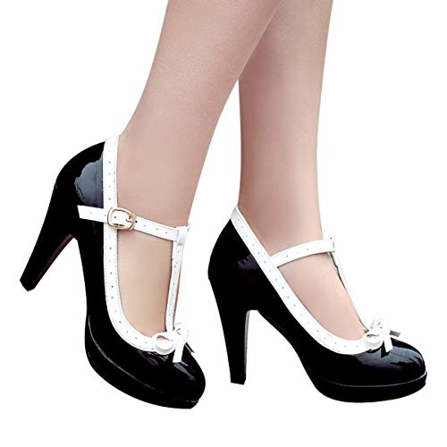 Susanny Women's Chic Sweet Round Toe T-Strap Bows Adorable Buckle High Cone Heel Mary Janes Dress Black2 Pumps 5 B (M) US - Thumbnail 4