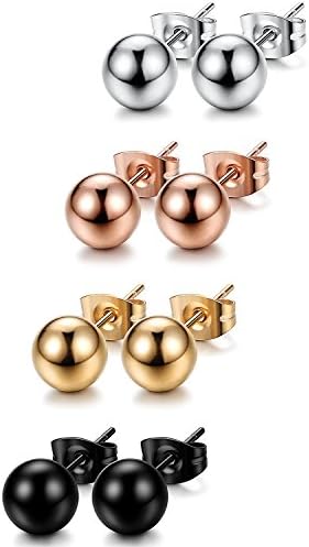 Youree 4 Pairs Stainless Steel Ball Stud Earrings for Women Men Round Ball 2-8mm 4 Colors (ED-35)