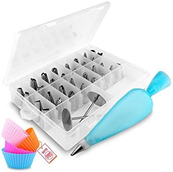 DAEON 32-Pieces Russian Cake Decorating Tips Professional Stainless Steel DIY Icing Tip Set Tools with Reusable Coupler Silicone Cake Decorating Pastry Bag and Flower Nails
