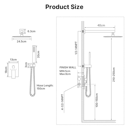 Namuoto Black Shower Systems, Complete Shower Set with Built-in Mixer, Square Rain Shower, 24.5 x 24.5 cm