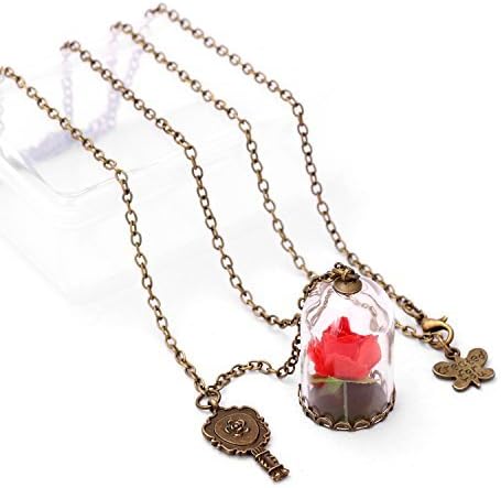 WOFO Beauty and The Beast Rose Necklace for Girls Glass Vial Necklace Jewelry Festival Gifts by