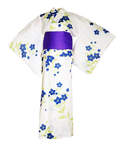 myKimono Women's Traditional Japanese Kimono Robe Yukata with OBI Belt & Koshi-himo Thin Belt 593 (White) - Thumbnail 4