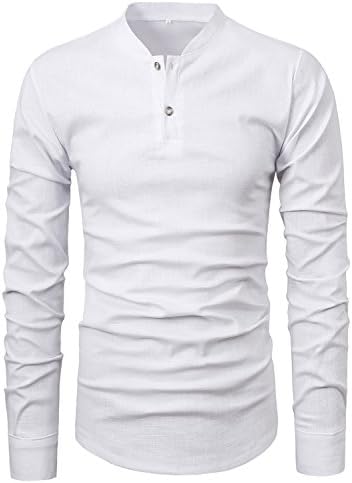 GARSEBO Beloved Men Button Slim Henley Neck Long Sleeve Casual Linen Shirts (M, White-02)