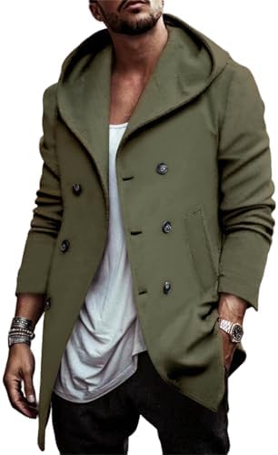 PETCDIM Mens Hooded Duffle Coat Slim fit Double Breasted Wool