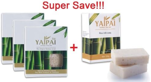Yaipai : Original Bamboo Body Scrubber Natural Bamboo Scrub 3 Pcs. + Rice Milk Soap 100 g. (3 Bars) The Best Product of Thailand