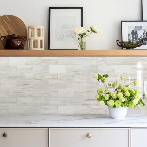 Vamos Tile 100-Piece Glossy Wooden White Peel and Stick Backsplash Tile,3''x6'' PVC Subway Tile with White Grout, Stick on Backsplash for Kitchen/Bathroom/Fireplace