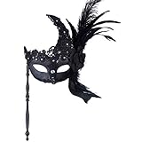 Coxeer Masquerade Mask on Stick Black Halloween Costume Ball Venetian Mask