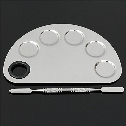 Pro Stainless Steel Makeup Palette with Spatula Tool, 5-well Nail-art Cosmetics Makeup Palettes Board Polishing for Professional Nail Art Eye Shadow Eyelash Makeup Organizer Pigment Blending highlight