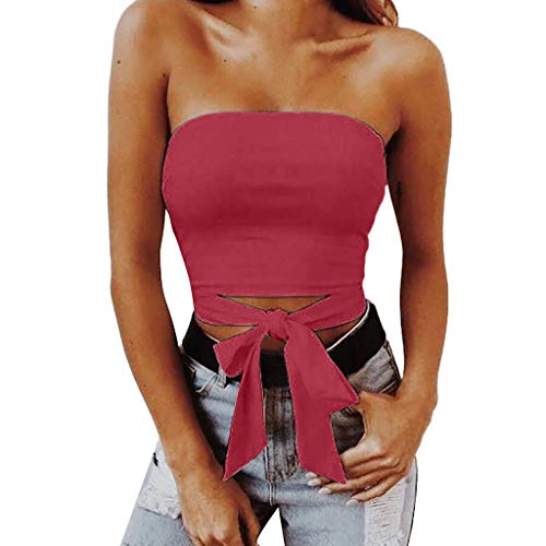 LUCA Women Solid Sexy Off Shoulder Strapless Vest Bow Knot Tank Top Crop Red