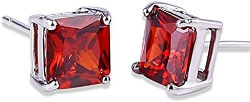 Fashion Women's Earrings Jewelry White Gold Tone Garnet Color Huggie Earring Red Stud 7mm Square Cubic Zirconia