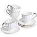 BTäT- Tea Cups and Saucers, Set of 4 (6 oz) with Gold Trim and Gift Box, Cappuccino Cups, Coffee Cups, White Tea Cup Set, British Coffee Cups, Porcelain Tea Set, Latte Cups, Espresso Mug, White Cups