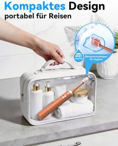 Escova de dentes TF Sonic Electric com limpeza e secagem UV, estação de carregamento sem fios, 5 modos de limpeza, 6 cabeças de substituição, copo incluído e IPX7 resistente à água (laranja)